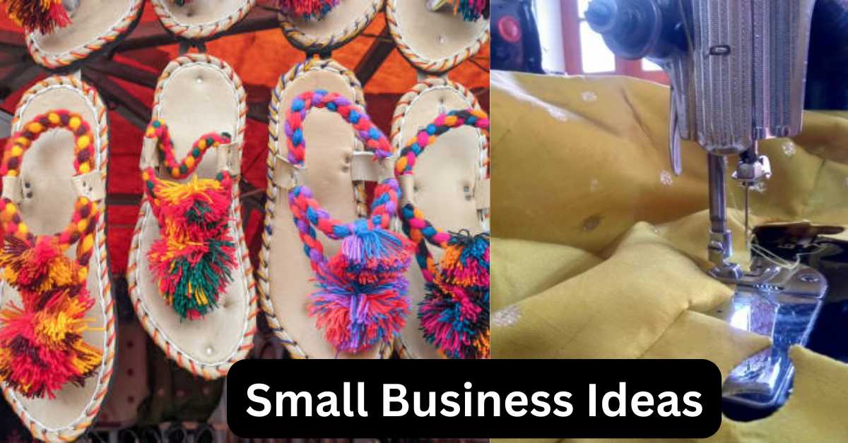 in this image small business ideas at home. a sewing machine at home and home made fancy chappal showing
