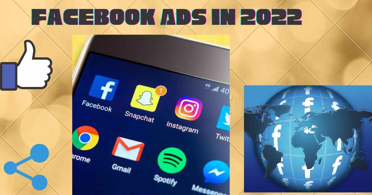 an image of mobile screen thumbnail and a global map showing FaceBook Ads sizes
