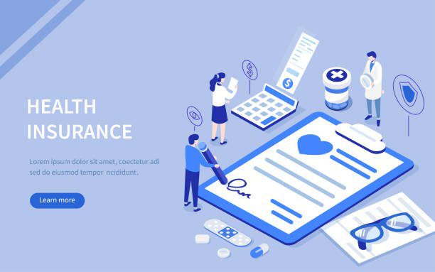 Health insurance concept with characters. Can use for web banner, infographics, hero images. Flat isometric vector illustration.
