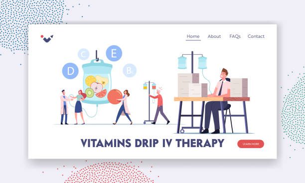 Vitamins Dripping, Iv Therapy Landing Page Template. Characters Applying Intravenous Infusion of Natural Nutrients via Droppers in Hospital with Doctor Assistance. Cartoon People Vector Illustration
