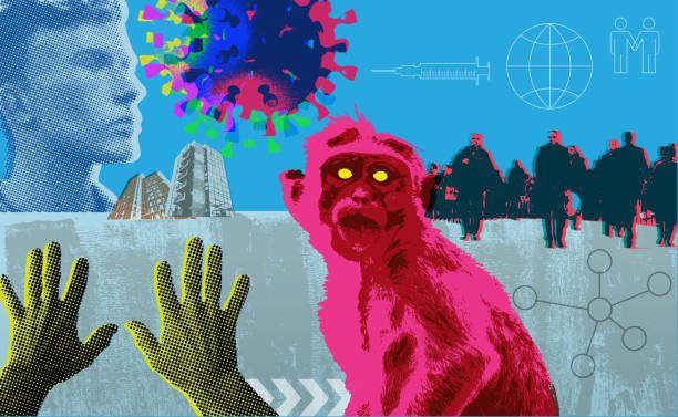 Collage styled urban graphic for Monkeypox concept. Virus, fever, infection, Illness, infectious disease, Monkey,
