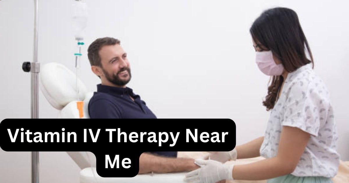 this image shows a logo of vitamin iv therapy near me, a Young man receiving a vitamin IV infusion drip in a hospital or beauty salon. Healthcare and medicine concept